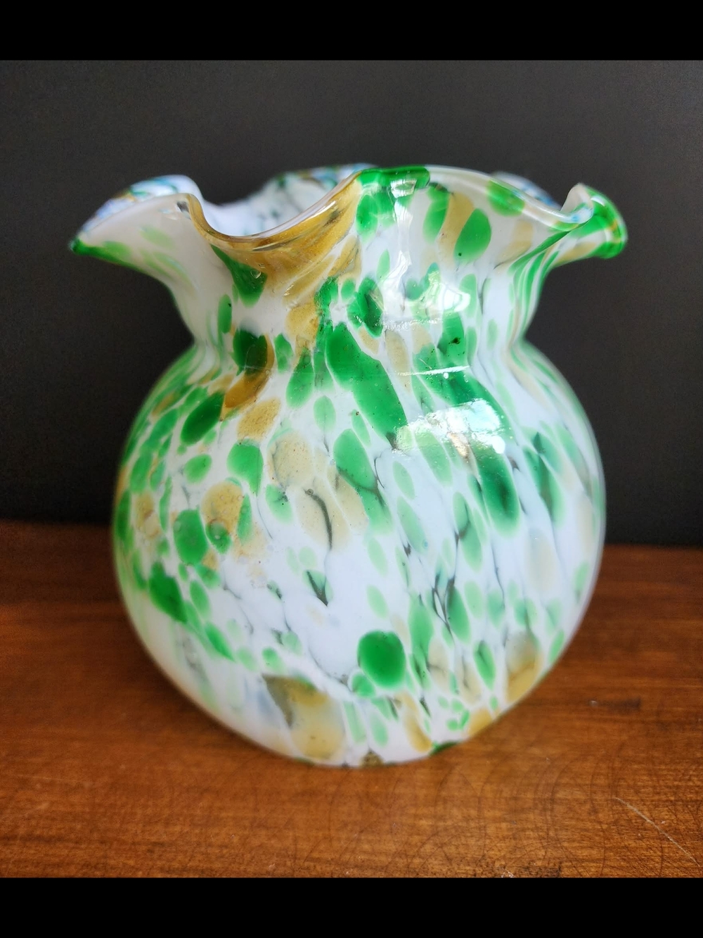 "End Of Day" Green and Gold Spatter Art Glass Vase